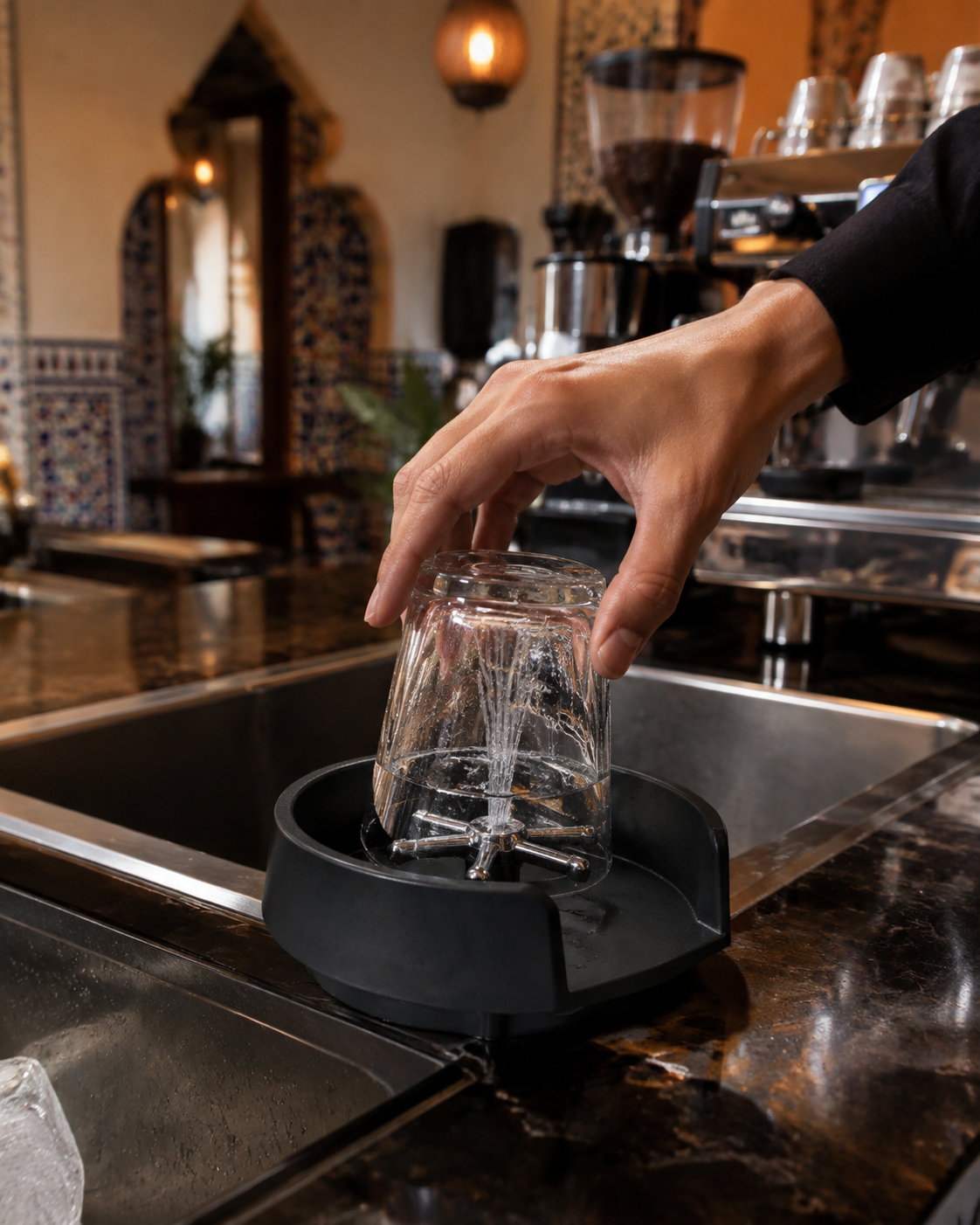 Rince-verres utilisé dans un café, verre en cours de rinçage