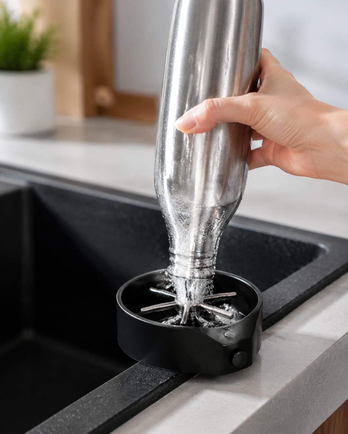 Rinçage d'une bouteille en acier inoxydable sur le rince-verres