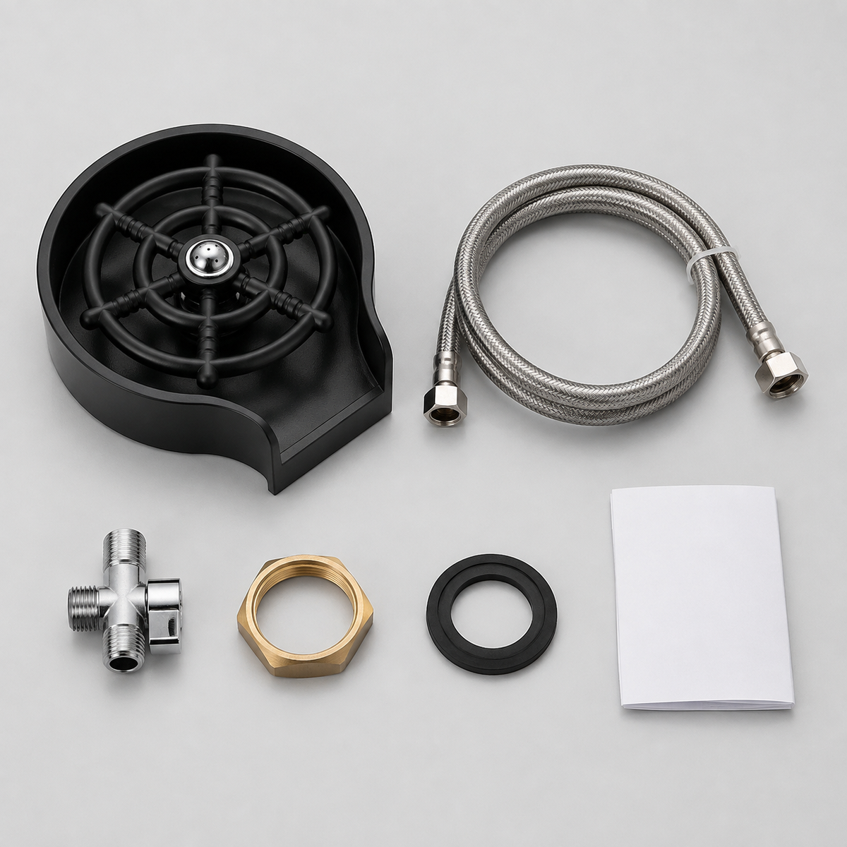Contenu du kit : buse, tuyau, raccord en T, écrou, joint et guide