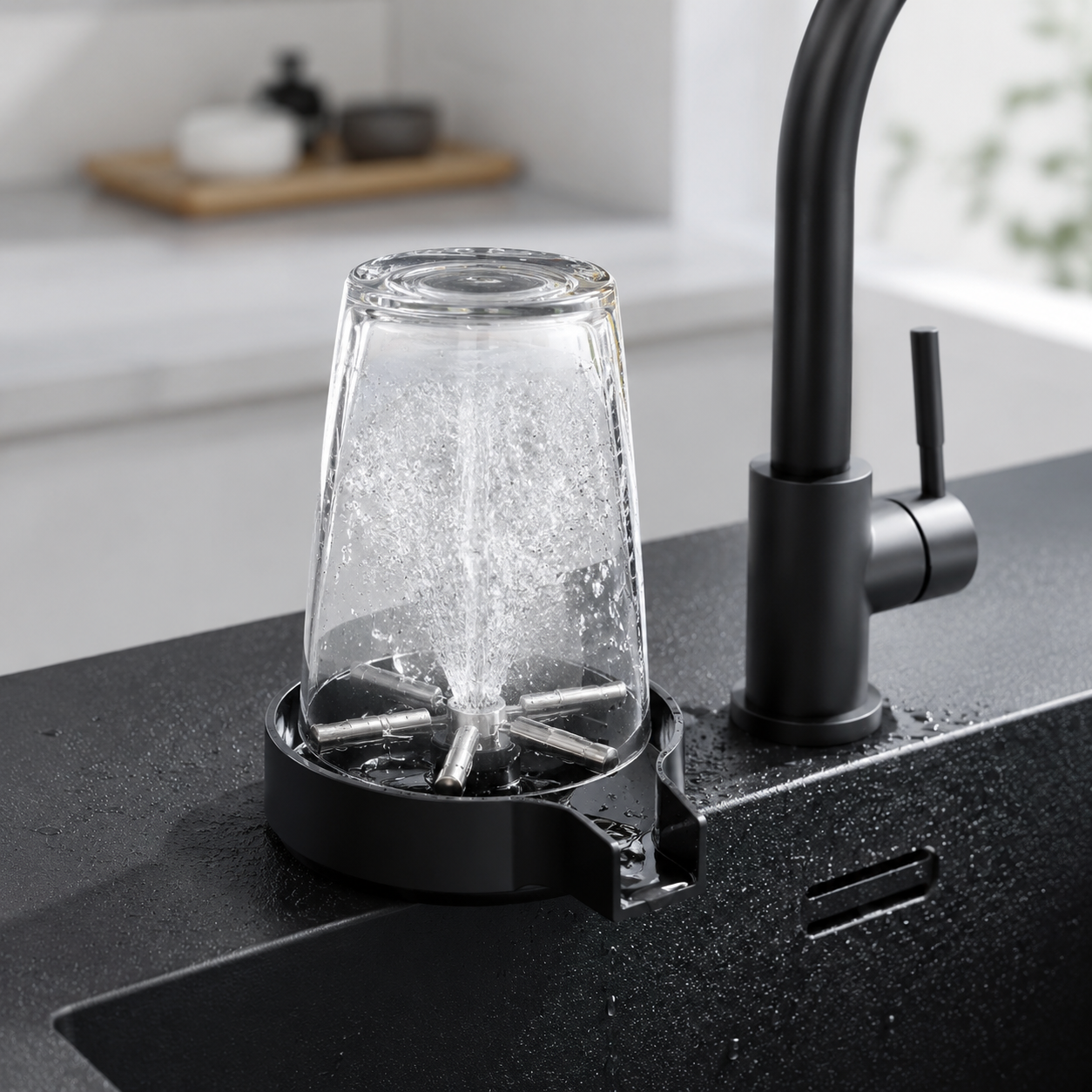 Rince-verres multi-jets installé sur un évier, verre en cours de rinçage