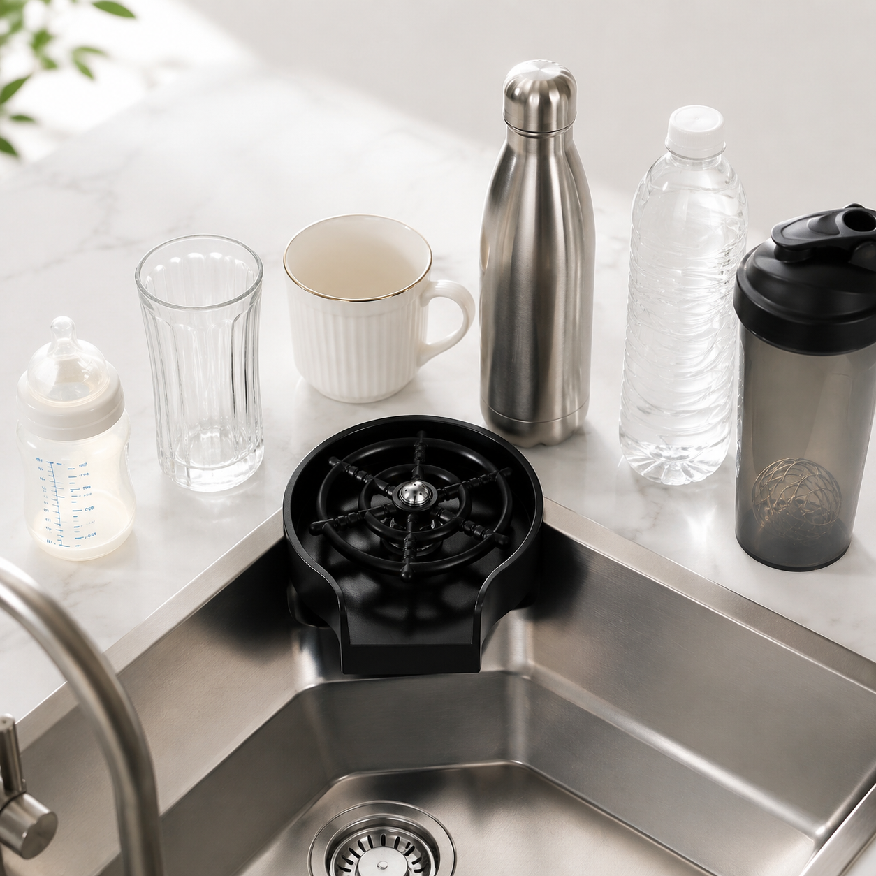 Biberon, verre, tasse, gourde, bouteille et shaker de protéine, tous propres, posés autour du rince-verres